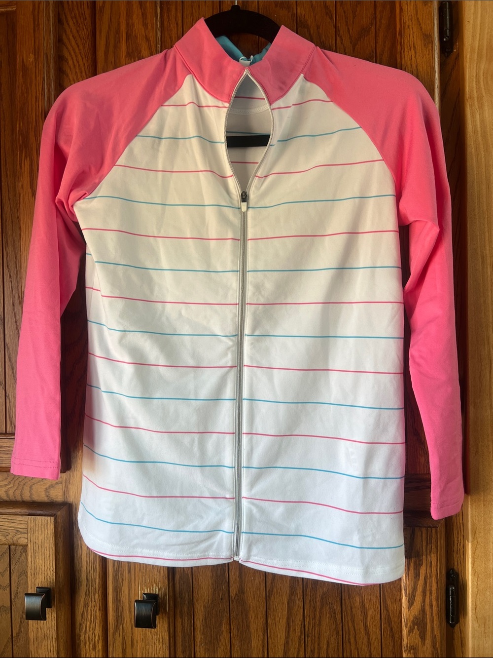 FootJoy White zip Midlayer Pink and Blue Stripe Accent